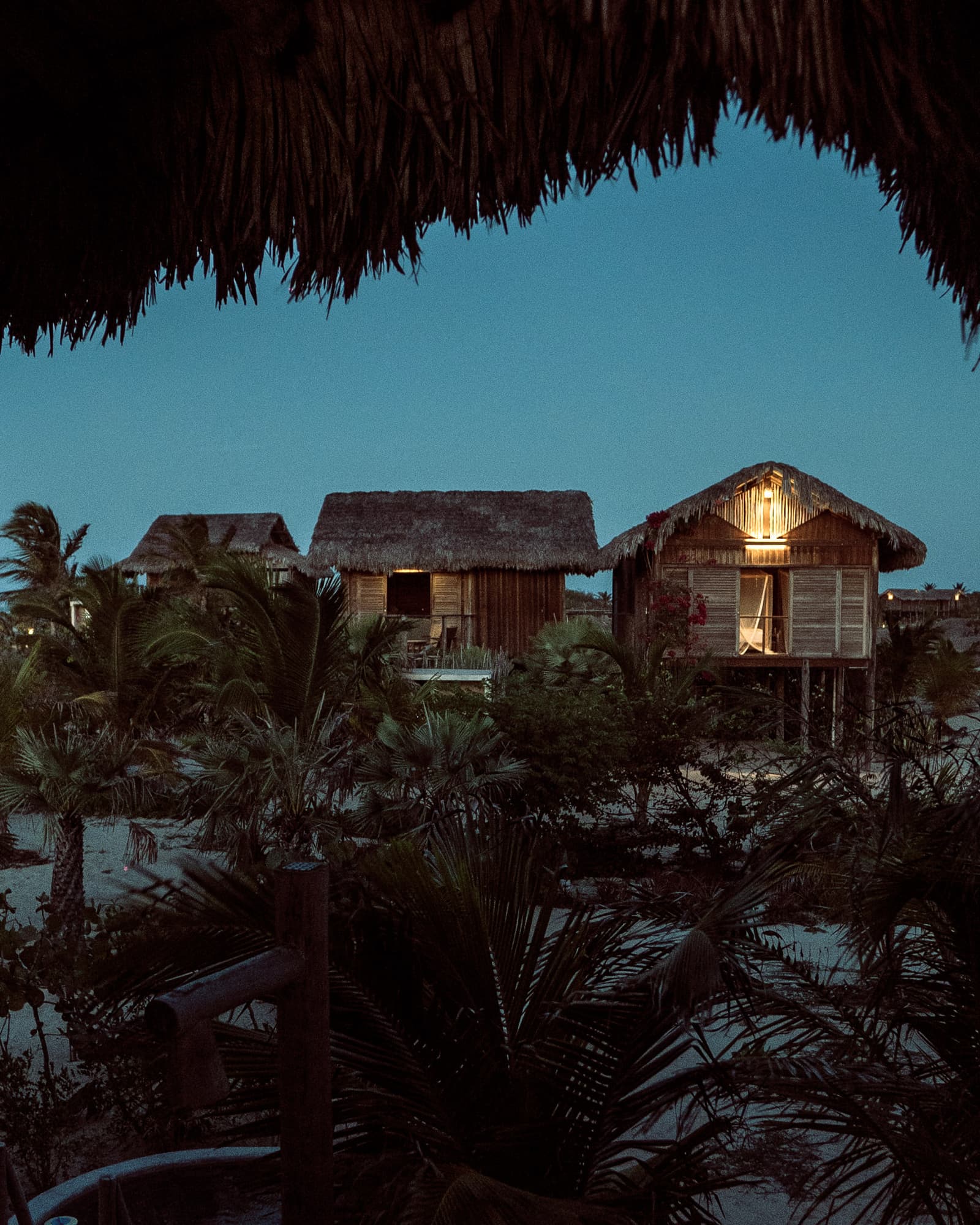 The straw houses glowing at nightfall, in low light