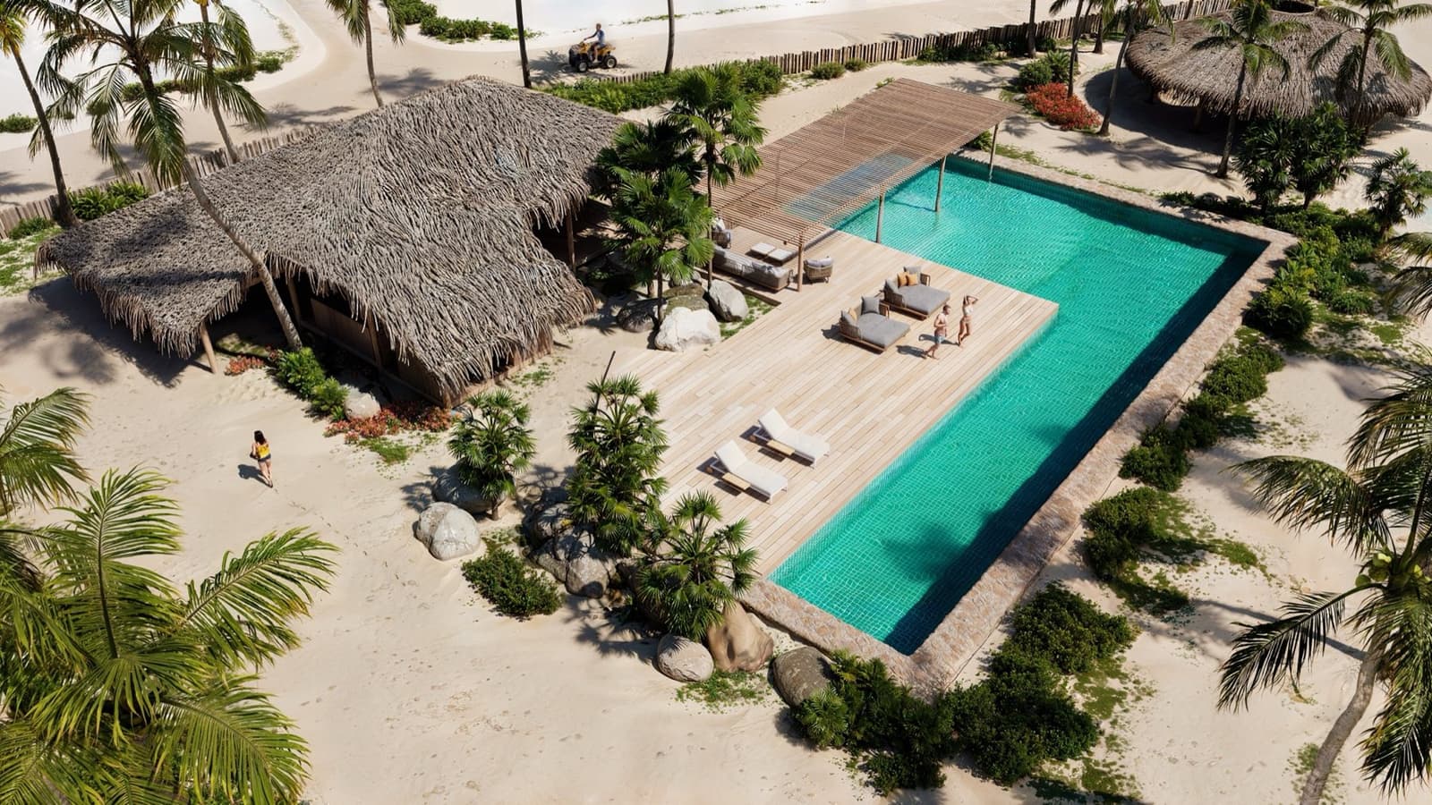 O lodge e a piscina sob a palha, na Morada