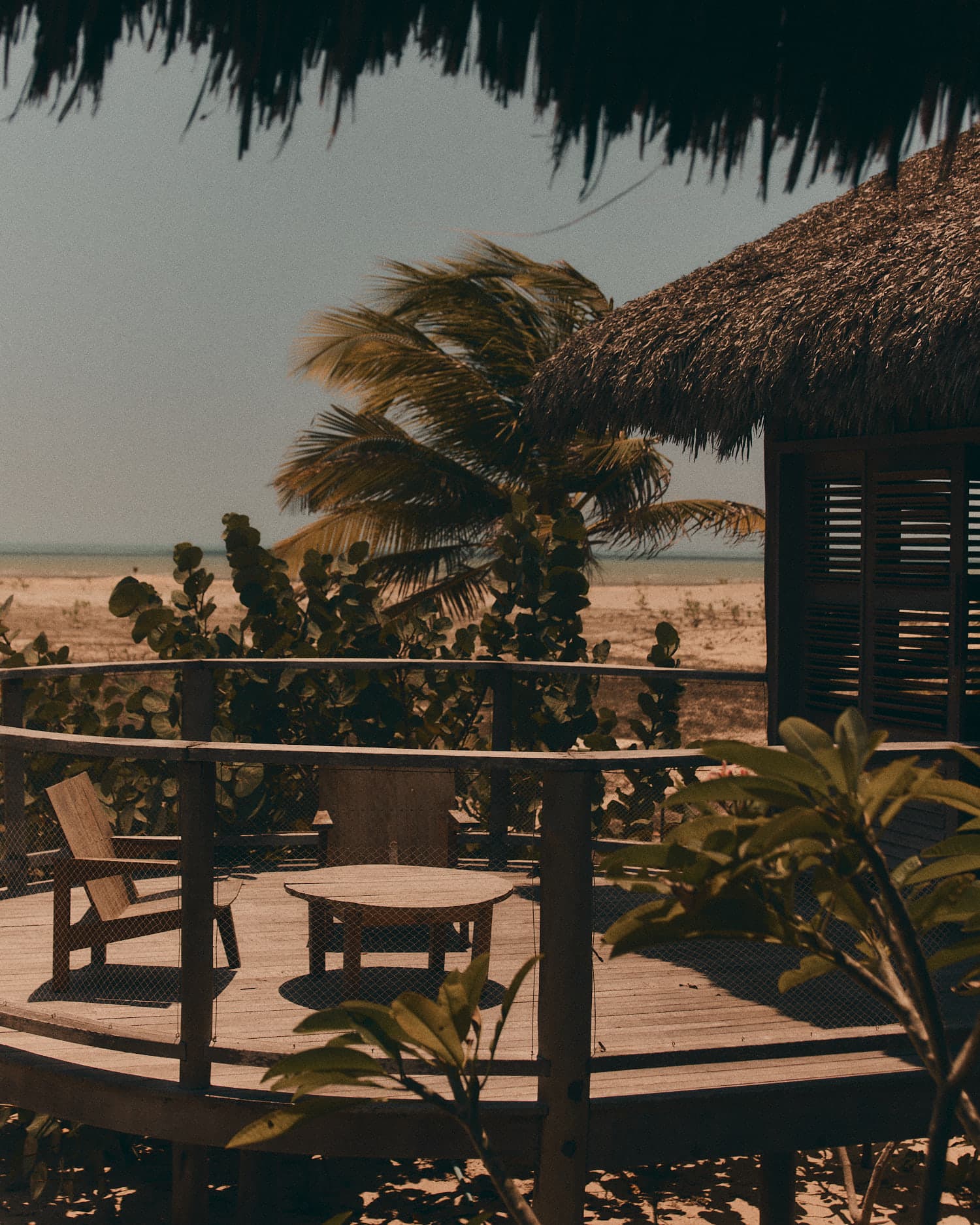 The deck under the thatch, with green all around