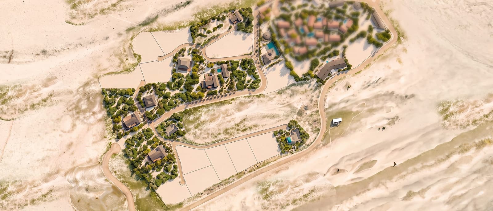 Le masterplan de la Morada vu d'en haut, avec les lots entre les dunes et la végétation
